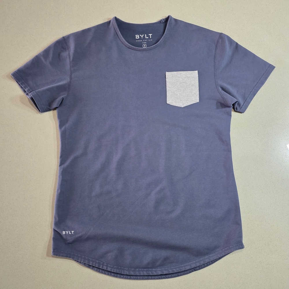 BYLT Basics Drop Cut SS Lux Pocket Tee Navy Blue Mens Size Medium Curved Hem